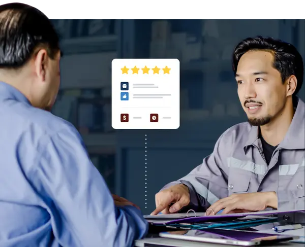 Homepage-Customer-Satisfaction Repair shop employee speaking to a customer for reviews
