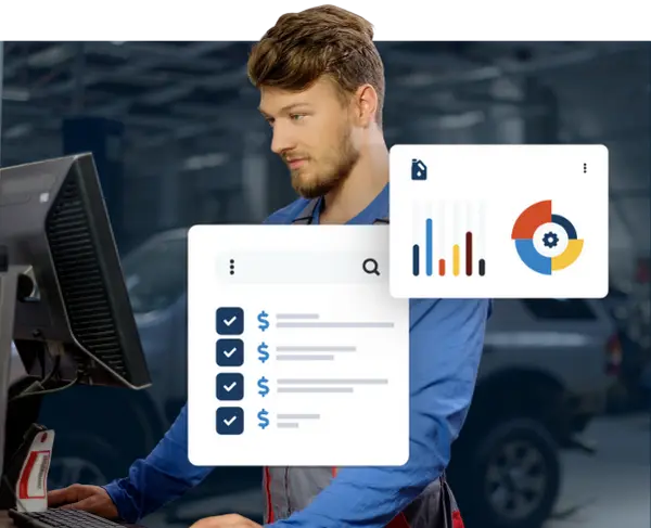 Homepage-Grow-Profits Auto shop owner using RO Writer on a computer using reports, pricing tools, and more