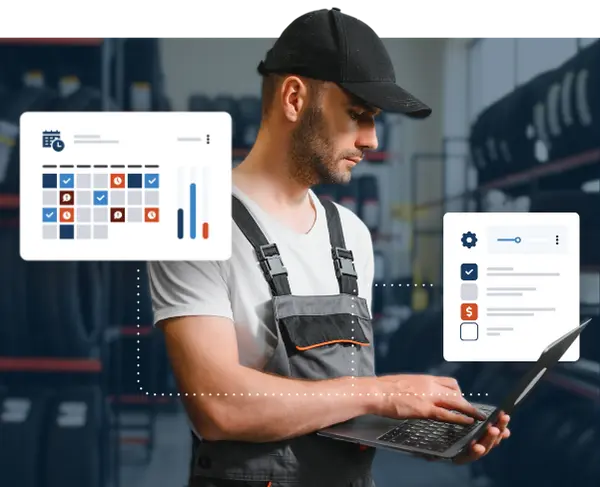 Homepage-Save-Time Auto technician using RO Writer on a laptop for scheduling, automations and parts ordering